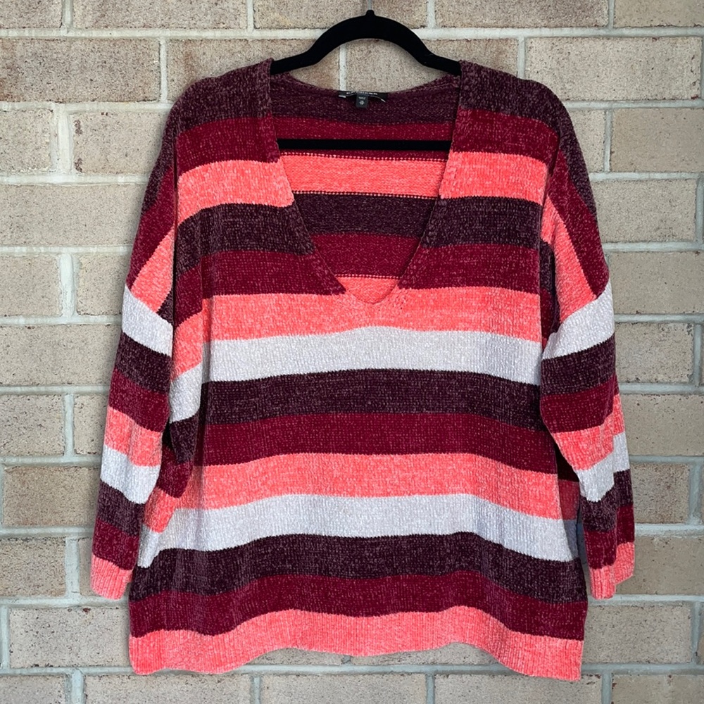 Express Chenille Striped V-Neck Sweater